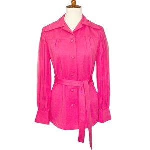 M Hot Pink VTG Button Up Long Sheer Sleeve Fitted Blazer Shirt Dress Pleated Top